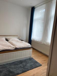 巴特恩豪森Moderne Wohnung in der Innenstadt von Bad Oeynhausen的一间卧室设有一张床和一个大窗户