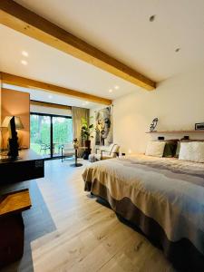 1 dormitorio con 1 cama grande y sala de estar en Via Caput, en Lokeren