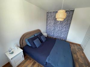 una piccola camera con letto blu e lampadario a braccio di Goldfinger- appartement Malo-les-Bains a Dunkerque