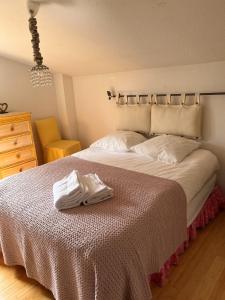 a bedroom with a bed with two white towels on it at LODGE CAP in Lège-Cap-Ferret +3 photos