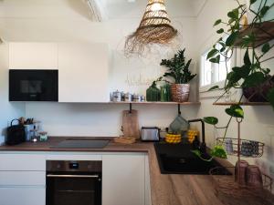 eine Küche mit weißen Schränken und vielen Pflanzen in der Unterkunft Bel Appartement plein centre avec Balcon, clim in Plan-de-la-Tour