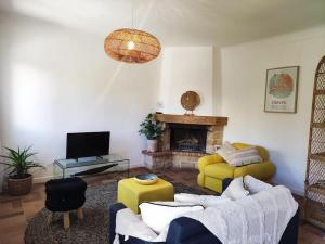 ein Wohnzimmer mit einem Sofa und einem Kamin in der Unterkunft Bel Appartement plein centre avec Balcon, clim in Plan-de-la-Tour