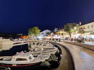 a group of boats docked in a marina at night at Apartman M&S in Njivice