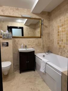 een badkamer met een bad, een wastafel en een toilet bij Studios Copou IRO Parhon in Iaşi