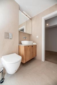 La salle de bains est pourvue de toilettes blanches et d'un lavabo. dans l'établissement LASARI comfort living, à Thessalonique