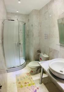 a bathroom with a shower and a toilet and a sink at Splandid apartment by the sea in Sozopol