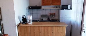 a small kitchen with a counter and a refrigerator at Villas Kiriaki in Kallirakhi