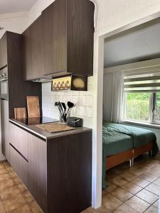 een kamer met een keuken en een bed. bij Achterhoekhuisje De Rode Beuk in Hummelo