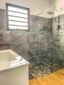 a bathroom with a shower and a sink at Villa cap zen and spa in Petite Île