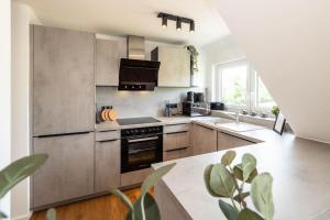 a kitchen with stainless steel appliances and a table at Luxury Apartment on the Rhein in Busingen am Hochrhein