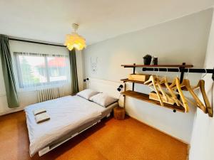 a small bedroom with a bed with a wooden shelf at Horská chata NATURA Nové Město in Nové Město