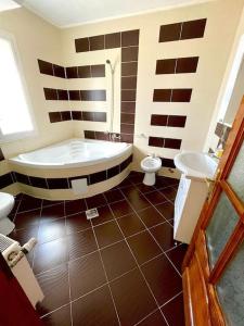 een badkamer met een bad, een toilet en een wastafel bij Bell House in Moisei