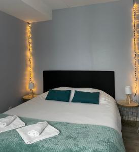 1 dormitorio con 1 cama con 2 almohadas azules en Appartement Les 7 Roses en Vitry-le-François