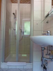 a shower with a glass door next to a sink at Gästehaus Hoffmann in Dörrenbach