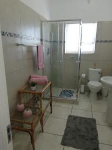 La salle de bains est pourvue d'une douche et de toilettes. dans l'établissement The Tides Holiday Home, à St Helena Bay