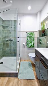 a bathroom with a shower and a toilet at Apartamenty Harnaś in Rytro