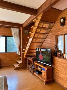 a living room with a tv and wooden walls at FLYING HOUSE in Chikuni