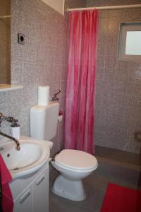 uma casa de banho com um WC e uma cortina de duche rosa. em Apartman Mara em Sveti Juraj
