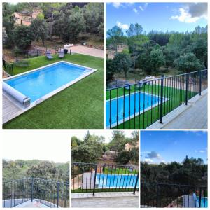a collage of four pictures of a swimming pool at Villa Coco avec jardin piscine et terrain de boules de 180 m carrés in Les Arcs sur Argens