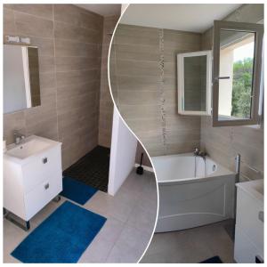a bathroom with a tub and a sink and a mirror at Villa Coco avec jardin piscine et terrain de boules de 180 m carrés in Les Arcs sur Argens