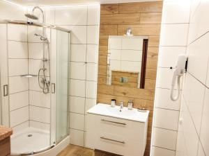 ein Bad mit einer Dusche, einem Waschbecken und einem Spiegel in der Unterkunft Willa STRITZKI in Wisła