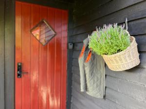 une porte rouge et un panier de plantes à côté d'une porte dans l'établissement Voss Waterfalls - Norway Mountain Cabin & Traveller Award Winner!, à Vossevangen