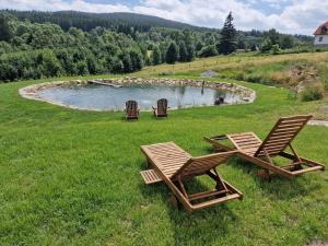 two chairs and a pond in the middle of a field at Penzion Zvon in Horní Stropnice