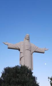 Una estatua de Cristo el redentor sobre un árbol en ALSIGAL COCHABAMBA Casa de Huéspedes, en Cochabamba