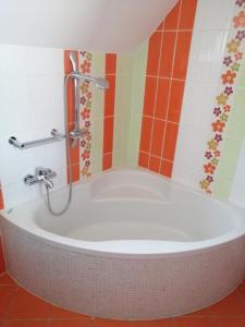 a bath tub in a bathroom with colorful tiles at Hisa Haasberg in Planina +24 photos