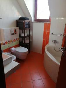 a bathroom with a toilet and a sink and a tub at Hisa Haasberg in Planina