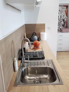 um lavatório numa cozinha com uma abóbora em Studio z widokiem na rzekę em Przemyśl