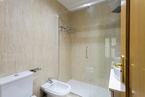 y baño con ducha, aseo y lavamanos. en Amazing apartment in Huertas, en Madrid