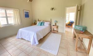a bedroom with a white bed and a table and a chair at Mandevilla Nevis in Cliftons