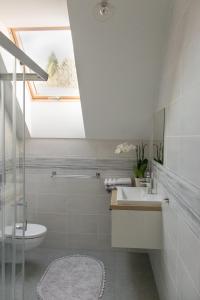 a bathroom with a sink and a skylight at Apartamenty nad Strumykiem in Brenna +24 photos