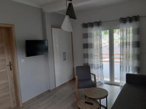 a living room with a chair and a tv at Apartamenty nad Strumykiem in Brenna