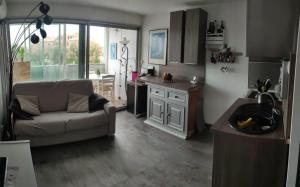 sala de estar con sofá y cocina en Appartement T2 à 300m de la mer, en Palavas-les-Flots