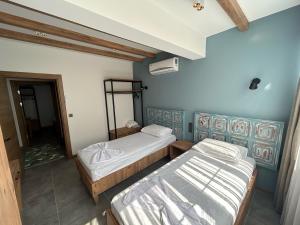 two beds in a room with blue walls at Avlu Villas & Apartments in Kemer