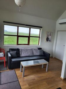 ein Wohnzimmer mit einem Sofa und einem Couchtisch in der Unterkunft Hólar Countryside Cabin 2 in Selfoss