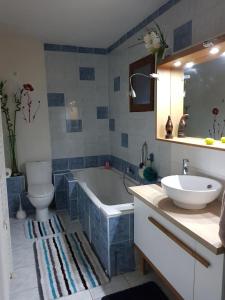 ein Badezimmer mit einer Badewanne, einem Waschbecken und einem WC in der Unterkunft Maison au Pied du Pont du Gard in Remoulins