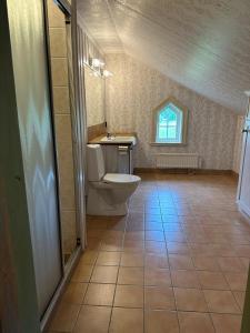 een badkamer met een toilet en een raam bij Dalen in Hökerum