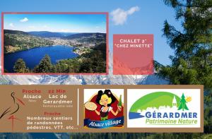 un collage de signaux donnant sur un lac dans l'établissement Le "Chalet de Minette" 2 étoiles La Bresse, à La Bresse