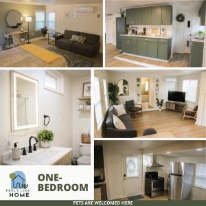 a collage of pictures of a living room and a one bedroom at New 1-bedroom Bungalow! 4 miles to CLE in Berea