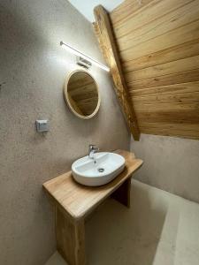a bathroom with a sink and a mirror on the wall at Unique wooden villa with pool in Olympiada