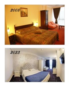two pictures of a hotel room with a bed at Hotel Central in Slobozia