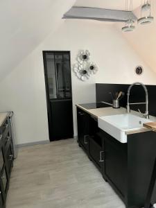 a kitchen with a sink and a black cabinet at Appartement cosy à la campagne in Languidic