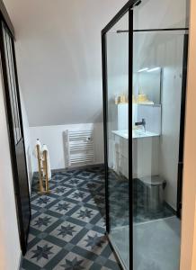 a bathroom with a glass shower and a sink at Appartement cosy à la campagne in Languidic