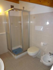 a bathroom with a shower and a toilet and a sink at Appartamenti Casa Pineta in Fai della Paganella