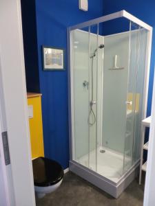 a bathroom with a glass shower with a toilet at Die große Wohnung in Droyßig