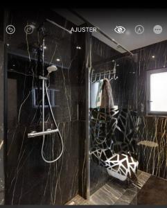 La salle de bains est pourvue d'une douche avec un mur noir. dans l'établissement Chambre double -vue sur jardin, à Bergerac