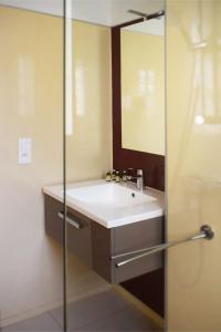 a bathroom with a sink and a mirror at Logis Hôtel Restaurant Le Top du Roulier in Capendu